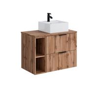 Vente-unique-Meuble de Salle de Bain Suspendu strié avec niches et Vasque à Poser carrée - Naturel Clair - L80 cm - ZEVARA