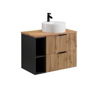 Vente-unique-Meuble de Salle de Bain Suspendu strié avec niches et Vasque à Poser Ronde - Naturel Clair - L80 cm - MADELA