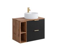 Vente-unique-Meuble de Salle de Bain Suspendu strié avec niches et Vasque à Poser Ronde - Noir et Naturel Clair - L80 cm - ZEVARA