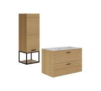 Vente-unique - Meuble de Salle de Bain Suspendu strié avec Vasque à encastrer et Colonne avec Niche - 2 tiroirs - Naturel Clair - 80 cm - SARONE