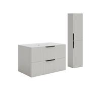 Meuble de salle de bain suspendu strié avec vasque à encastrer et colonne - Coloris beige - 80 cm - DALIKO