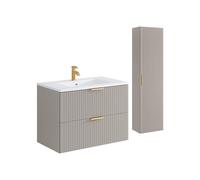Meuble de salle de bain suspendu strié avec vasque à encastrer et colonne - Coloris beige - 80 cm - ZEVARA