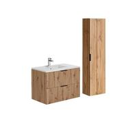Vente-unique - Meuble de Salle de Bain Suspendu strié avec Vasque à encastrer et Colonne - Coloris Naturel Clair - 80 cm - ZEVARA