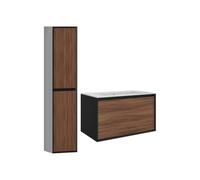 Vente-unique-Meuble de Salle de Bain Suspendu strié avec Vasque à encastrer et Colonne - Coloris Naturel foncé et Noir - 80 cm - BANIVA