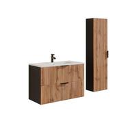 Vente-unique - Meuble de Salle de Bain Suspendu strié avec Vasque à encastrer et Colonne - Naturel Clair et Noir - 80 cm - MADELA