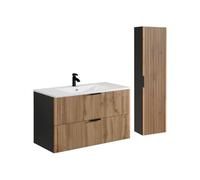 Vente-unique-Meuble de Salle de Bain Suspendu strié avec Vasque à encastrer et Colonne - Naturel Clair et Noir - 100 cm - MADELA