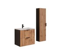 Vente-unique - Meuble de Salle de Bain Suspendu strié avec Vasque à encastrer et Colonne - Naturel Clair et Noir - 60 cm - MADELA