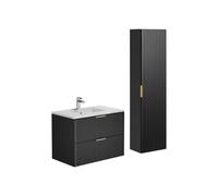 Vente-unique - Meuble de Salle de Bain Suspendu strié avec Vasque à encastrer et Colonne - Noir - 80 cm - ZEVARA