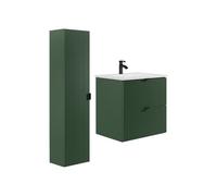 Vente-unique - Meuble de Salle de Bain Suspendu strié avec Vasque à encastrer et Colonne - Vert Mat - 60 cm -ZEVINI