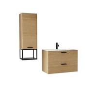 Vente-unique - Meuble de Salle de Bain Suspendu strié avec Vasque à encastrer, Robinet et Colonne avec Niche - 2 tiroirs - Naturel Clair - 80 cm - SARONE
