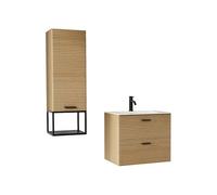 Vente-unique - Meuble de Salle de Bain Suspendu strié avec Vasque à encastrer, Robinet et Colonne avec Niche - 2 tiroirs - Naturel Clair - 60 cm - SARONE