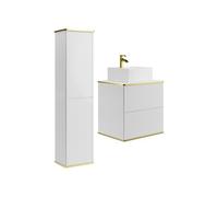 Vente-unique - Meuble de Salle de Bain Suspendu strié avec Vasque à Poser carrée et Colonne - Blanc - 60 cm - KELIZA