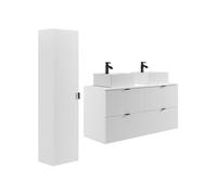 Vente-unique - Meuble de Salle de Bain Suspendu strié avec Vasque à Poser carrée et Colonne - Blanc Mat - 120 cm - ZEVINI