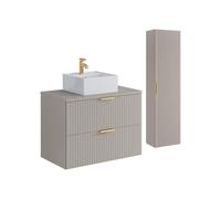 Vente-unique - Meuble de Salle de Bain Suspendu strié avec Vasque à Poser carrée et Colonne - Coloris Beige - 80 cm - ZEVARA