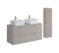 Vente-unique - Meuble de Salle de Bain Suspendu strié avec Vasque à Poser carrée et Colonne - Coloris Beige - 120 cm - ZEVARA