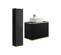 Vente-unique - Meuble de Salle de Bain Suspendu strié avec Vasque à Poser carrée et Colonne - Noir - 80 cm - KELIZA
