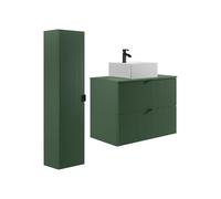 Vente-unique - Meuble de Salle de Bain Suspendu strié avec Vasque à Poser carrée et Colonne - Vert Mat - 80 cm - ZEVINI