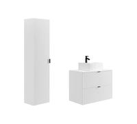 Vente-unique - Meuble de Salle de Bain Suspendu strié avec Vasque à Poser et Colonne - Blanc Mat - 80 cm - ZEVINI