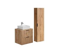 Vente-unique - Meuble de Salle de Bain Suspendu strié avec Vasque à Poser et Colonne - Naturel Clair - 60 cm - ZEVARA