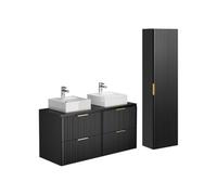 Vente-unique - Meuble de Salle de Bain Suspendu strié avec Vasque à Poser et Colonne - Noir - 120 cm - ZEVARA