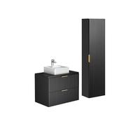 Meuble de salle de bain suspendu strié avec vasque à poser et colonne - Noir - 80 cm - ZEVARA