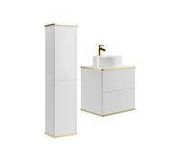 Vente-unique - Meuble de Salle de Bain Suspendu strié avec Vasque à Poser Ronde et Colonne - Blanc - 60 cm - KELIZA