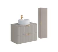 Vente-unique - Meuble de Salle de Bain Suspendu strié avec Vasque à Poser Ronde et Colonne - Coloris Beige - 80 cm - ZEVARA
