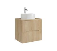 Vente-unique - Meuble de Salle de Bain Suspendu strié avec Vasque à Poser Ronde et Robinet - Naturel Clair - 60 cm - ORISO