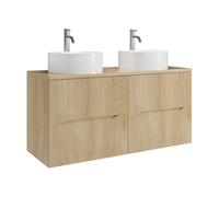 Vente-unique - Meuble de Salle de Bain Suspendu strié avec Vasque à Poser Ronde et Robinet - Naturel Clair - 120 cm - ORISO