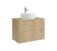 Vente-unique - Meuble de Salle de Bain Suspendu strié avec Vasque à Poser Ronde et Robinet - Naturel Clair - 80 cm - ORISO