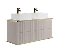 Vente-unique - Meuble de Salle de Bain Suspendu strié liseré doré avec Double Vasque à Poser carrée - Beige - 120 cm - KELIZA