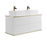 Vente-unique - Meuble de Salle de Bain Suspendu strié liseré doré avec Double Vasque à Poser carrée - Blanc - 120 cm - KELIZA