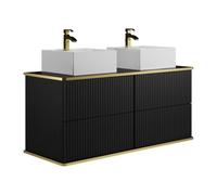 Vente-unique - Meuble de Salle de Bain Suspendu strié liseré doré avec Double Vasque à Poser carrée - Noir - 120 cm - KELIZA