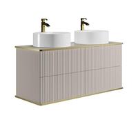 Vente-unique - Meuble de Salle de Bain Suspendu strié liseré doré avec Double Vasque à Poser Ronde - Beige - 120 cm - KELIZA