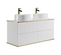 Vente-unique-Meuble de Salle de Bain Suspendu strié liseré doré avec Double Vasque à Poser Ronde - Blanc - 120 cm - KELIZA