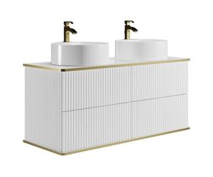 Vente-unique - Meuble de Salle de Bain Suspendu strié liseré doré avec Double Vasque à Poser Ronde - Blanc - 120 cm - KELIZA