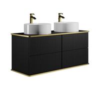 Vente-unique - Meuble de Salle de Bain Suspendu strié liseré doré avec Double Vasque à Poser Ronde - Noir - 120 cm - KELIZA