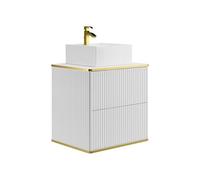 Vente-unique - Meuble de Salle de Bain Suspendu strié liseré doré avec Vasque à Poser carrée - Blanc - L60 cm - KELIZA