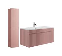 Vente-unique - Meuble de Salle de Bain Suspendu strié Rose avec Vasque à encastrer et Colonne - 100 cm - SATARA