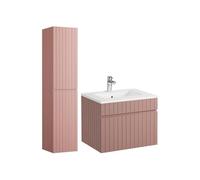 Vente-unique - Meuble de Salle de Bain Suspendu strié Rose avec Vasque à encastrer et Colonne - 60 cm - SATARA