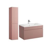 Vente-unique - Meuble de Salle de Bain Suspendu strié Rose avec Vasque à encastrer et Colonne - 80 cm - SATARA