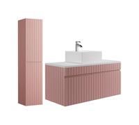 Vente-unique - Meuble de Salle de Bain Suspendu strié Rose avec Vasque à Poser et Colonne - 100 cm - SATARA