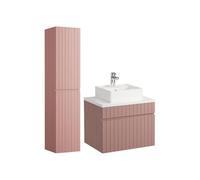 Vente-unique - Meuble de Salle de Bain Suspendu strié Rose avec Vasque à Poser et Colonne - 60 cm - SATARA