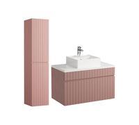 Vente-unique - Meuble de Salle de Bain Suspendu strié Rose avec Vasque à Poser et Colonne - 80 cm - SATARA