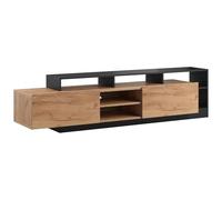 Vente-unique - Meuble TV 2 Portes et 6 niches avec LEDs - Naturel Clair et Anthracite - IDESIA