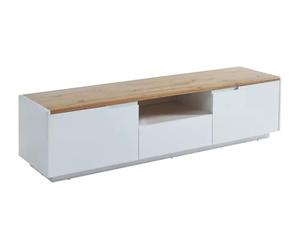 Vente-unique - Meuble TV Amani avec 2 Portes et 1 tiroir - MDF Blanc laqué et chêne Naturel, Design Moderne et élégant, Grand Espace de Rangement pour Salon Contemporain, Finition de qualité