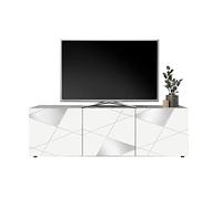 Vente-unique Meuble TV VICTORY Blanc laqué brillant sérigraphie miroir L181 x P43 x H57 cm