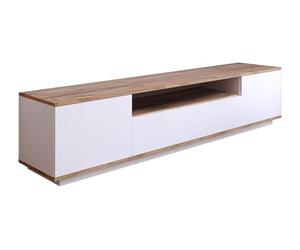 Vente-unique - Meuble TV LOTULA avec 3 Portes et 1 Niche Ouverte - Structure en Panneaux de Particules Blanc et Bois Naturel, Design Moderne avec Grand Espace de Rangement, idéal Salon Contemporain