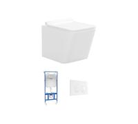 Vente-unique - Pack WC suspendu blanc avec bâti-support et plaque de déclenchement blanche ronde - CLEMONA