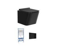 Vente-unique - Pack WC suspendu en céramique noir mat avec option bâti-support et plaque de déclenchement ronde - CLEMONA